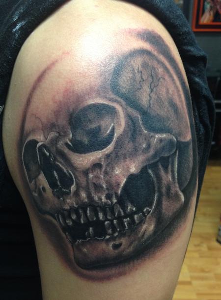 Scott Grosjean - black and gray realistic skull tattoo, Scott Grosjean Art Junkies Tattoo