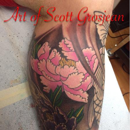 Scott Grosjean - Color Peony Flower Tattoo, Scott Grosjean Art Junkies Tattoo
