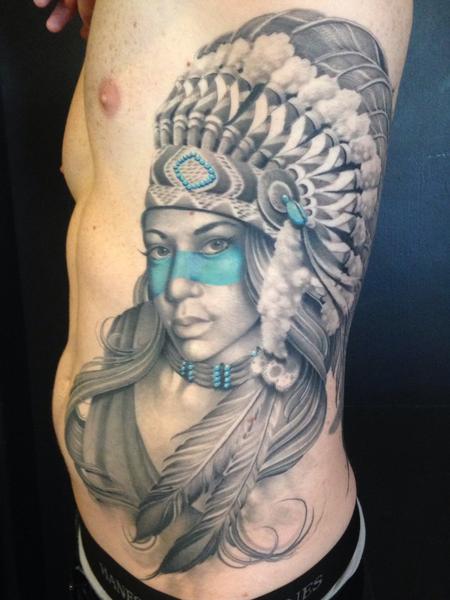 Tim Mcevoy - Black and Gray realistic native american girl tattoo,Tim McEvoy Art Junkies Tattoo 