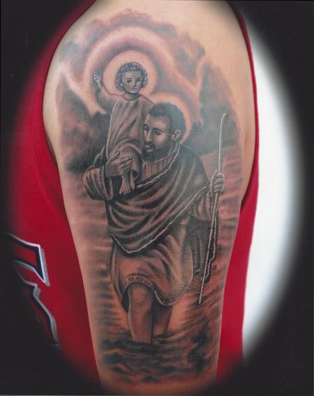Scott Grosjean - realistic black and grey baby Jesus tattoo, Scott Grosjean Art Junkies Tattoo 