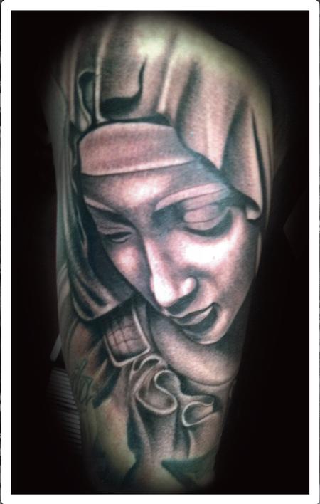 Tattoos - Realistic black and gray Virgin Mary tattoo, Scott Grosjean Art Junkies Tattoo  - 94001