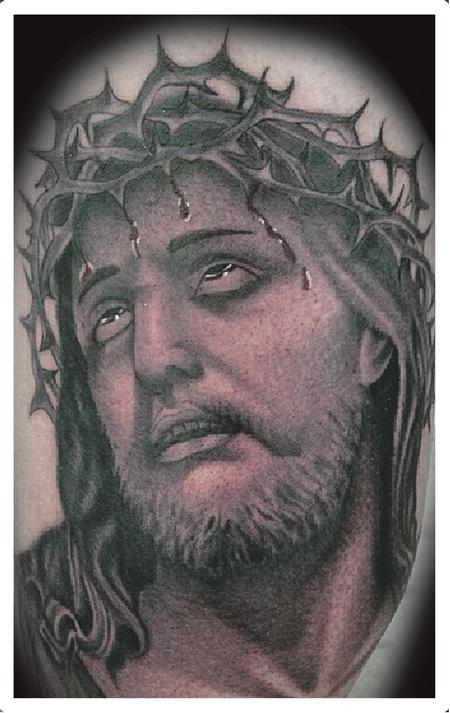 Scott Grosjean - Realistic black and gray Jesus tattoo, Scott Grosjean Art Junkies Tattoo 