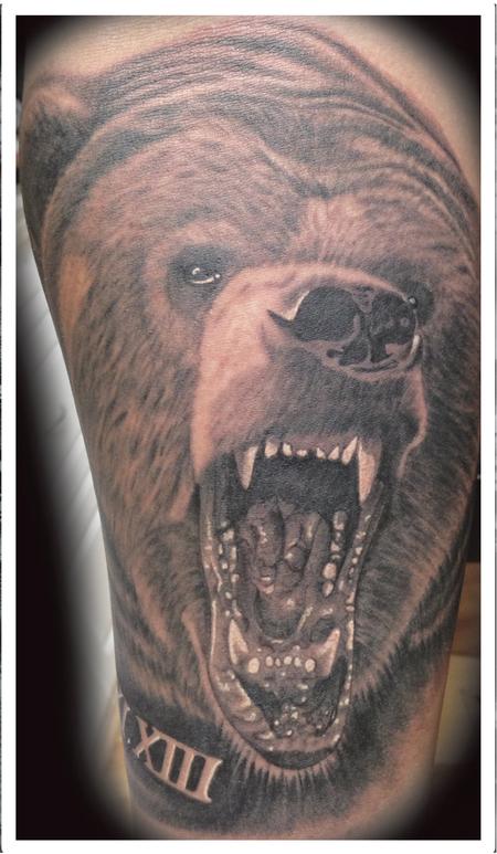 Tattoos - realistic black and gray bear tattoo. Scott Grosjean Art Junkies Tattoo  - 94054