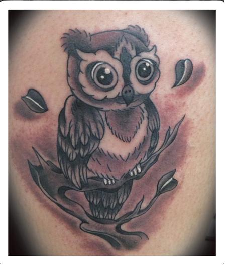 Tattoos - Traditional black and gray owl on a branch tattoo. Scott Grosjean Art Junkies Tattoo - 94181