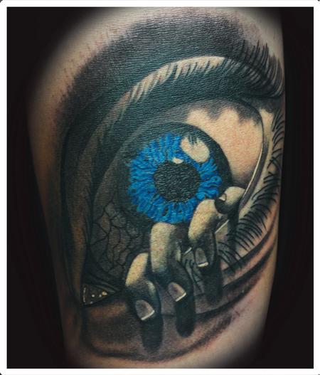 Scott Grosjean - Realistic eye with hand crawling out tattoo, Scott Grosjean Art Junkies Tattoo
