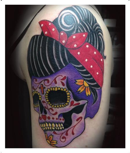 Scott Grosjean - color sugar skull with bandana tattoo , Scott Grosjean Art Junkies tattoo