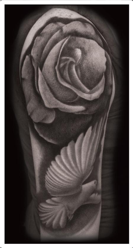 Scott Grosjean - black and gray dove with roses tattoo. Scott Grosjean Art Junkies Tattoo 