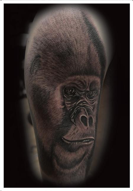 Tattoos - Realistic black and gray gorilla tattoo. Scott Grosjean Art Junkies Tattoo - 93694