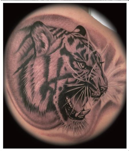 Tattoos - black and gray realistic tiger tattoo. Scott Grosjean Art Junkies Tattoo - 93565