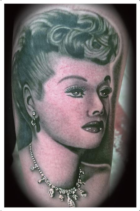 Scott Grosjean - Realistic balck and gray portrait of Lucille Ball tattoo, Scott Grosjean Art Junkies Tattoo
