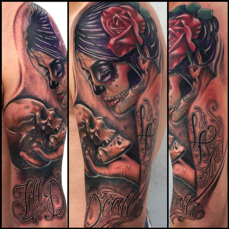 Brent Olson - realistic color day of the dead girl with skull tattoo, Brent Olson Art Junkies Tattoo