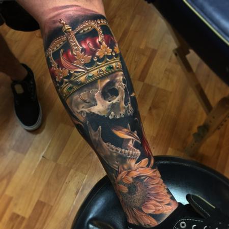 Brent Olson - Realistic skull with crown and sunflower tattoo, Brent Olson Art Junkies Tattoo