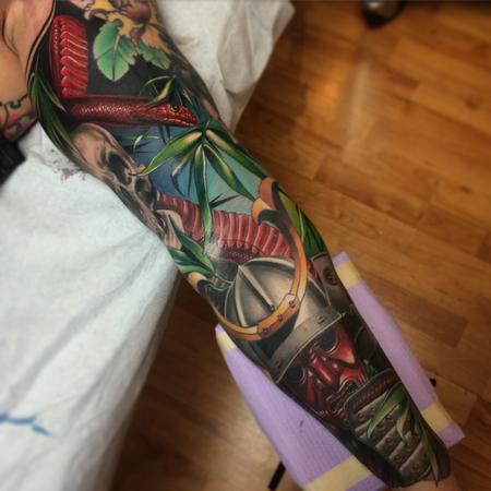 Brent Olson - Realistic color Japanese sleeve with samurai, Geisha and snakes tattoo. Brent Olson Art Junkies Tattoo