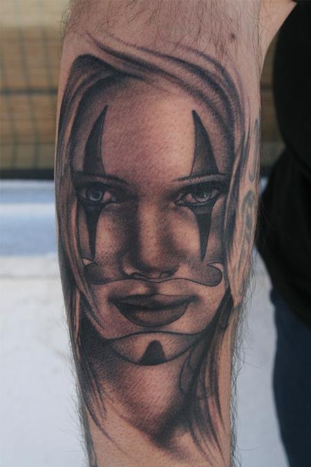 Ryan Mullins - Black and Grey clown girl Portrait Tattoo