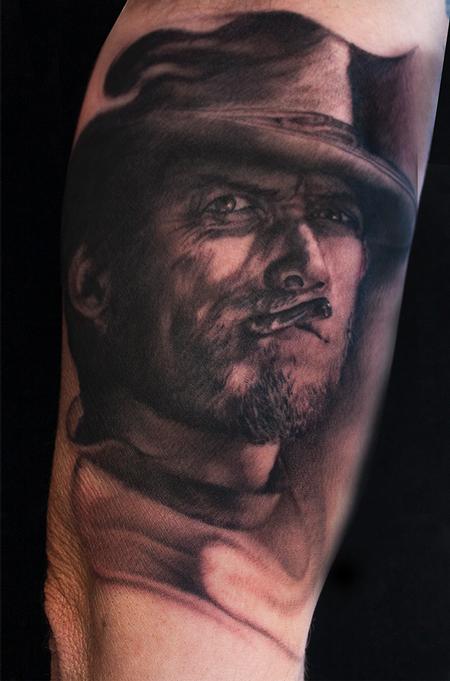 Ryan Mullins - Black and Grey Portrait Tattoo of Clint Eastwood