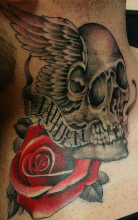 Tim Mcevoy - traditional skull with color rose tattoo