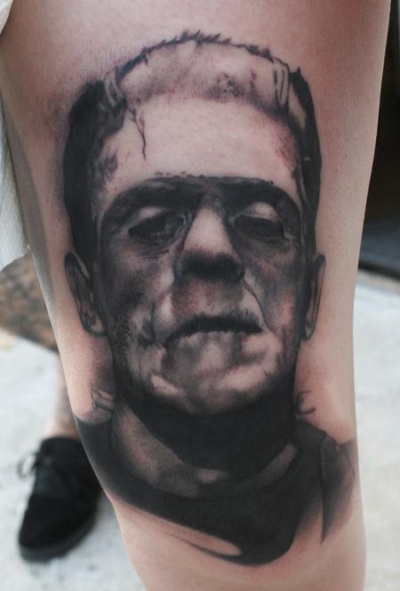Ryan Mullins - Black and Grey Portrait Tattoo of Frankenstien