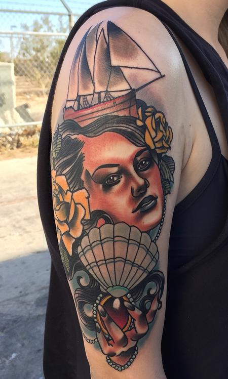 Gary Dunn - Traditional color girl with ship, sea shells and roses tattoo, Gary Dunn Art Junkies Tattoo 