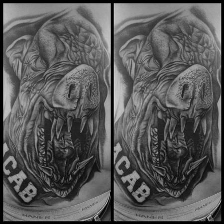 Scott Grosjean - Realistic black and gray evil pig cover up tattoo, Scott Grosjean Art Junkies Tattoo 