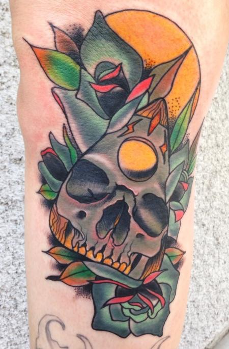 Gary Dunn - Neo traditional skull with roses tattoo. Art Junkies Tattoo Gary Dunn