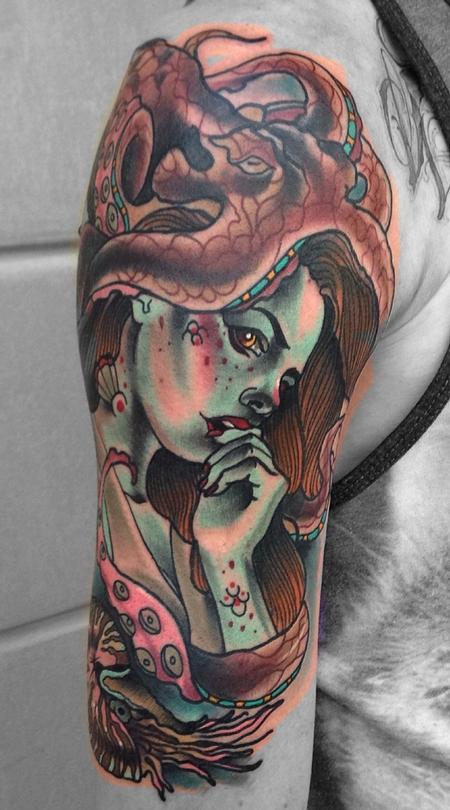 Gary Dunn - Traditional color mermaid with octopus tattoo, Gary Dunn Art Junkies Tattoo