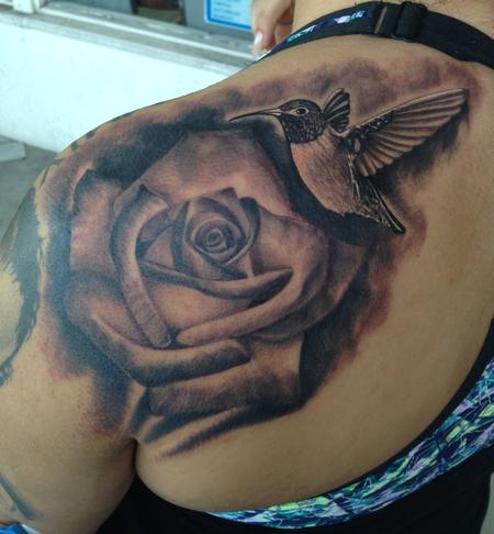 Tattoos - Realistic black and gray rose with hummingbird tattoo, Scott Grosjean Art Junkies Tattoo - 101362