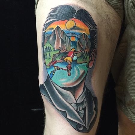 Gary Dunn - Traditional color bungee jumping scene in mans face tattoo, Gary Dunn Art Junkies Tattoo 