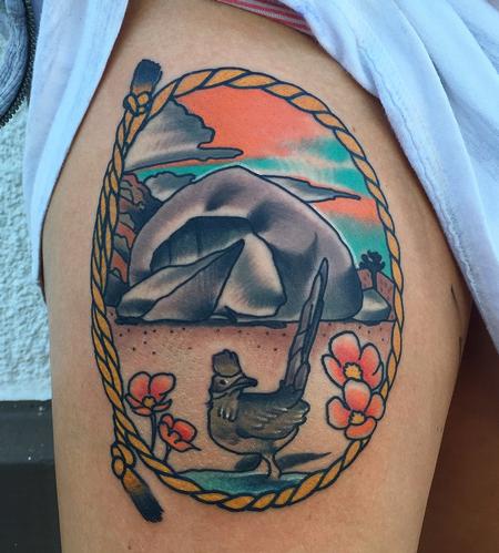 Gary Dunn - Traditional color giant rock in landers with road runner tattoo, Gary Dunn Art Junkies Tattoo