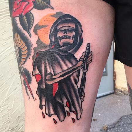 Gary Dunn - Traditional grim reaper with gun tattoo, Gary Dunn Art Junkies Tattoo 