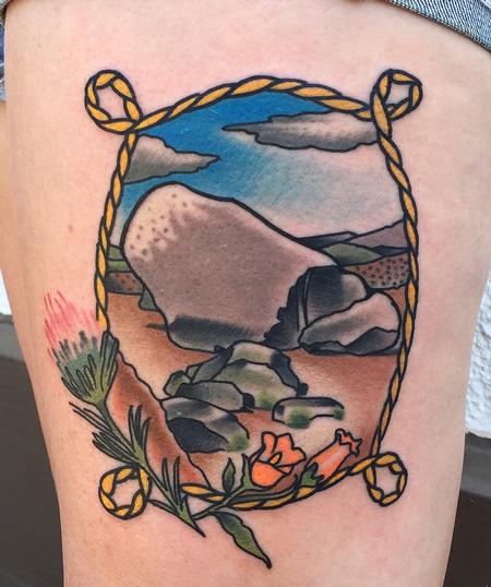 Gary Dunn - Traditional color giant rock in landers scene tattoo, Gary Dunn Art Junkies Tattoo 
