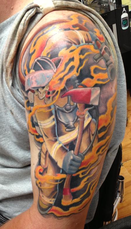 Tim Mcevoy - fire fighter with flames tattoo, Tim McEvoy Art Junkies Tattoo