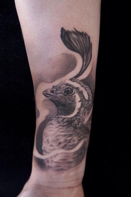 Tattoos - Black and grey portrait of a quail  - 93423