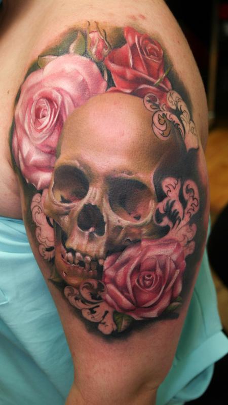 Tattoos - Realistic skull and flowers with filligree - 101438