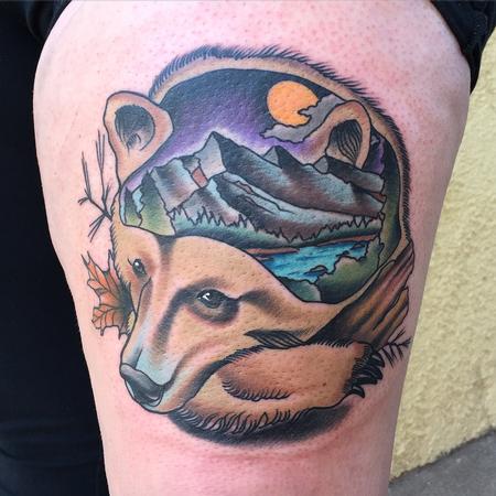 Gary Dunn - Traditional color bear with mountains tattoo. Gary Dunn Art Junkies Tattoo 