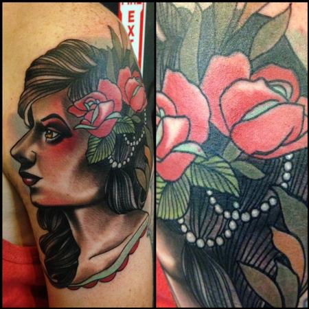 Gary Dunn - color traditioal girl portrait with flower in hair tattoo, Gary Dunn Art Junkies Tattoo