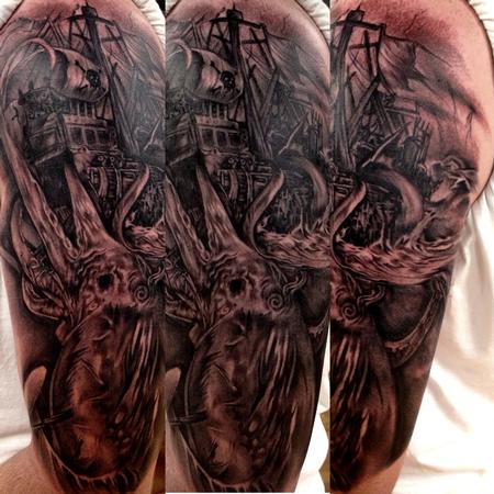 Big Gus - black and grey sea monster tattoo, Big Gus Art Junkies tattoo