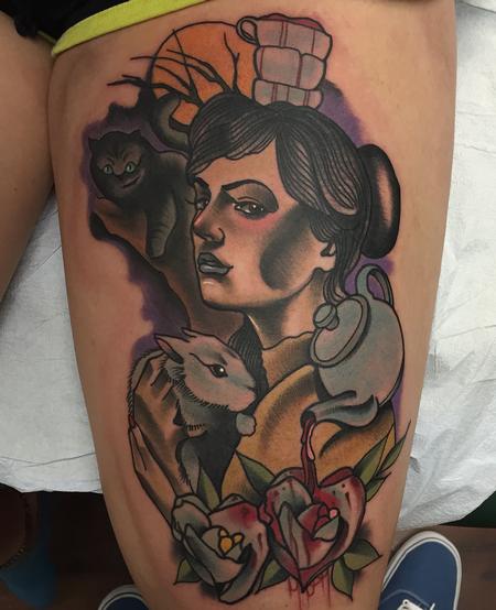 Gary Dunn - Traditional color girl with animals and roses tattoo. Gary Dunn Art Junkies tattoo 