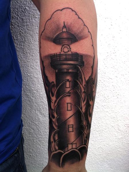 Mike Riedl - Traditional black and gray light house, Mike Riedl Art Junkies Tattoo