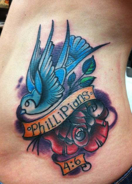 Mike Riedl - traditional colorful swallow and rose tattoo