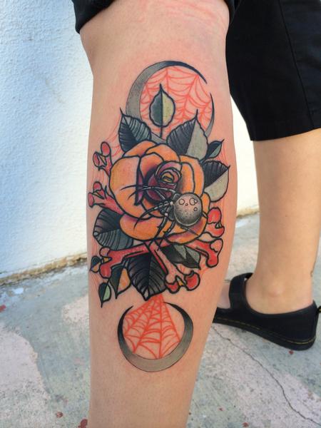 Mike Riedl - Traditional color rose with spider and bones tattoo. Mike Riedl Art Junkies Tattoo