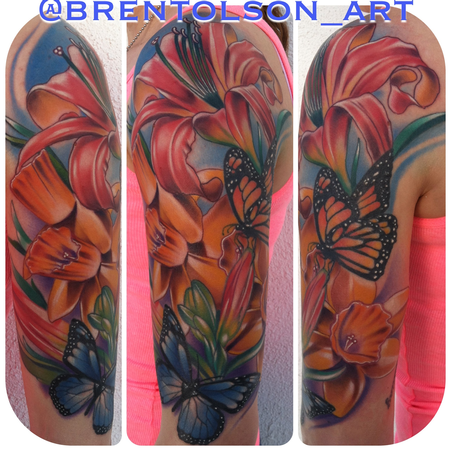 Brent Olson - realistic colored flowers with butterfly tattoo, Brent Olson Art Junkies Tattoo