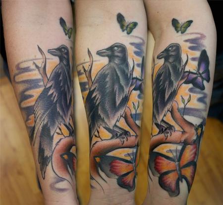 Ryan Mullins - Colored raven with butterflies tattoo