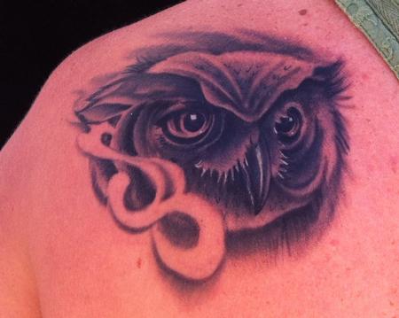 Art Junkies Tattoo Studio : Tattoos : nature animal owl : Black and Grey  realistic owl portrait tattoo