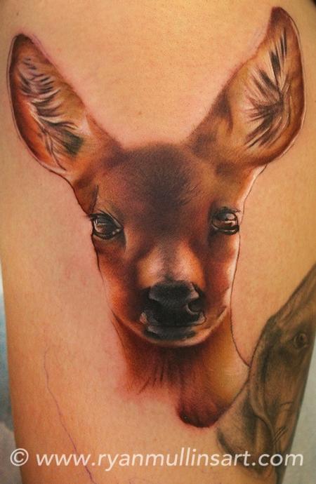 Ryan Mullins - colored realistic portrait of deer tattoo, Ryan Mullins Art Junkies Tattoo