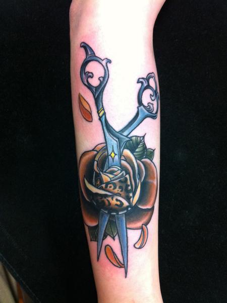Mike Riedl - colored rose with leopard print and scissors tattoo, Mike Riedl Art Junkies Tattoo