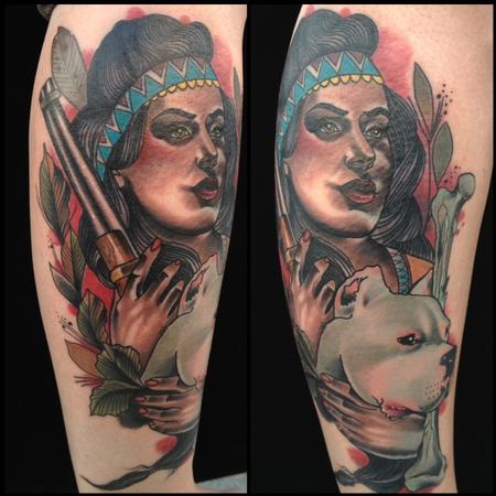 Gary Dunn - traditional color native girl with dog and gun, Gary Dunn Art Junkies Tattoo