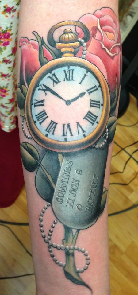 Tim Mcevoy - realistic color pocket watch with tags and roses, Tim McEvoy Art Junkies Tattoo
