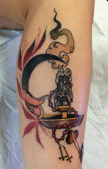 Mike Riedl - Traditional color candle with finger tattoo, Art Junkies Mike Riedl