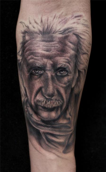 Ryan Mullins - black and gray portrait of Albert Einstein tattoo