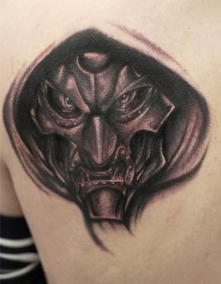 Ryan Mullins - black and gray portrait of Dr. Doom tattoo